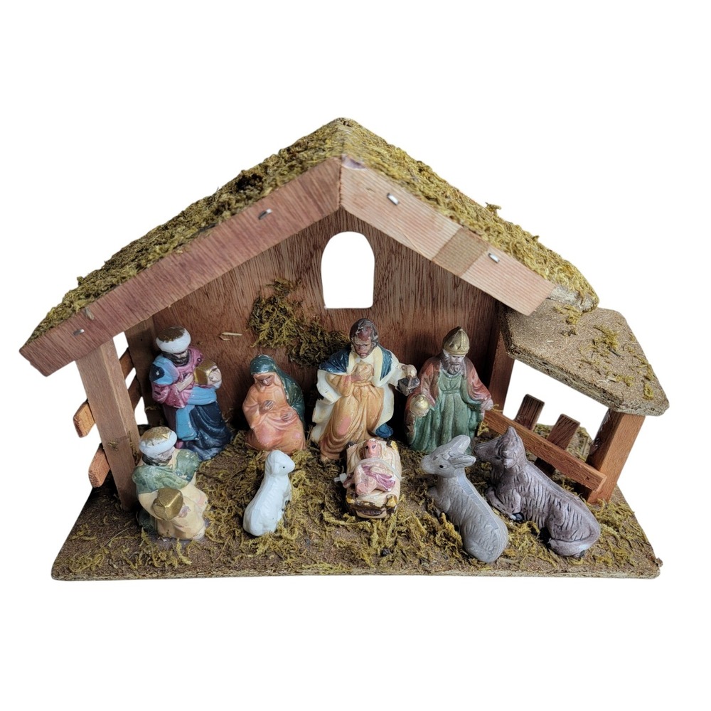Vintage Nativity Scene Barn Christmas Animals 3 Kings